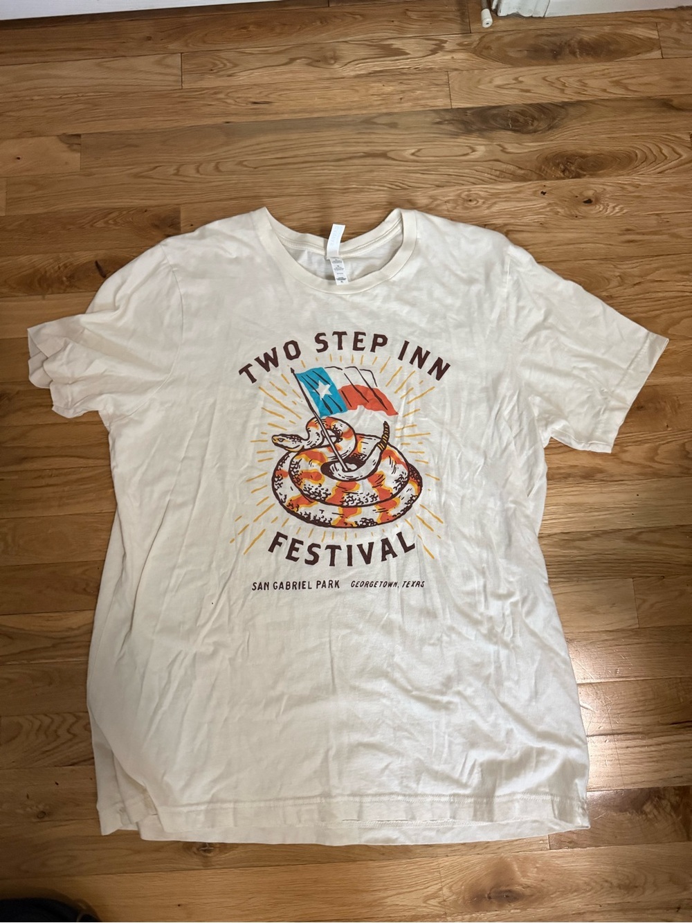 Two Step Inn Festival Graphic Tee - White with Red, Orange & Blue Design